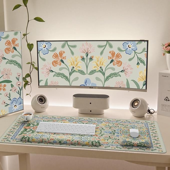 iCasso Mouse Pad with Wrist Rest, Large Desk Mat Set, Light Green | Ergonomic Keyboard Pad with Wrist Support, Non-Slip Mouse Mat for Women, Cute Floral Computer Mat for Home Office Gaming