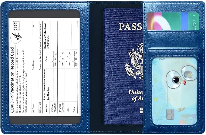 Passport Holder Cover Wallet Case RFID Blocking Leather Card Slot Travel Accessories Documents Organizer Protector for Women Men, Navy Blue