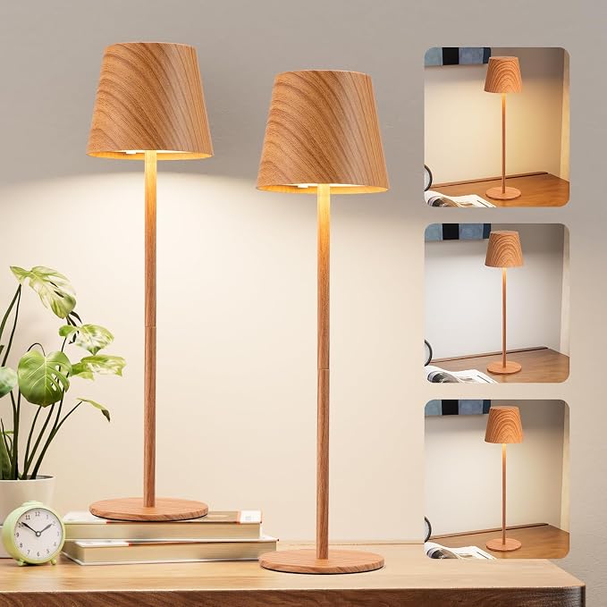 Kakanuo Wood Grain Cordless Table Lamp Rechargeable - 2 Pack 5000mAH Battery Operated Lamp for Counter, 3 Color Stepless Dimming Wireless Lamp for Dining Kitchen, Outdoor Patio, Touch Control