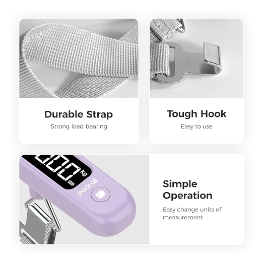 pack all Digital Luggage Scale for Travel, 110Lbs Capacity, 0.1Lb Precision | Handheld, Backlit LCD Display, Lb/Kg/Oz Conversion, Tare Function, Battery Included, Purple