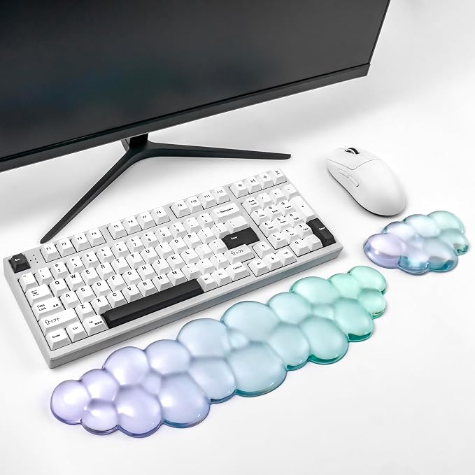 Gel Keyboard and Mouse Wrist Rest Set – Clear Cloud Wrist Rest for Computer Keyboard 60%/68%/75%, Comfort & Support for Typing and Gaming(Purple Green)