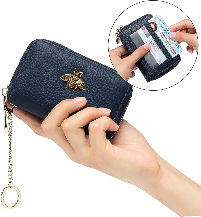imeetu RFID Credit Card Holder, Small Card Wallet Women, Leather Card Case | Genuine Leather Women's Card & id Cases, Change Coin Purse with Zipper Keychain id Window, 20 Colors & 3 Styles, Daily, Gifts