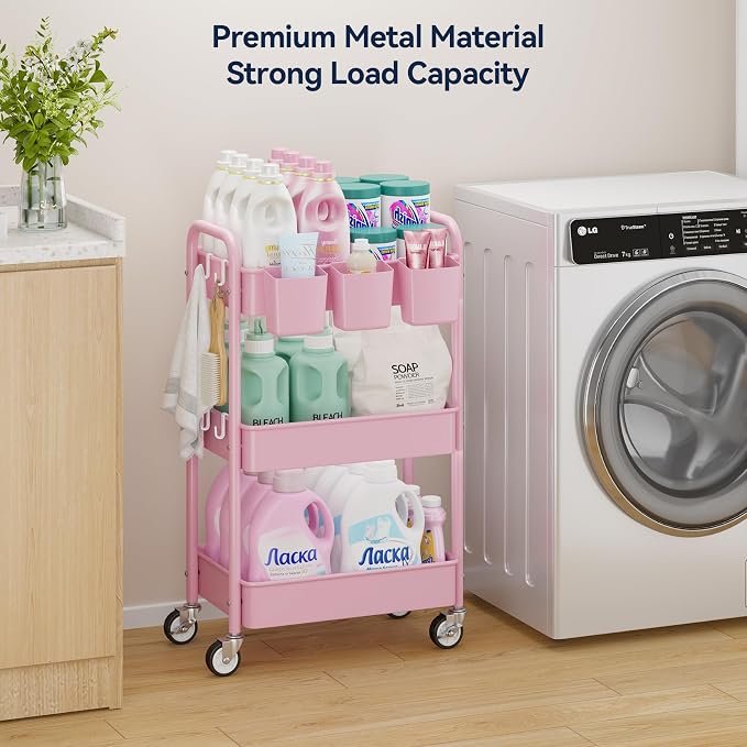 3 Tier Rolling Cart, Heavy Duty Metal Utility Cart with Wheel Pink | Sturdy Rolling Storage Cart With Hooks & Hanging Cups, Great For Craft, Art Workspace, Kitchen ,Snack And Office Storage