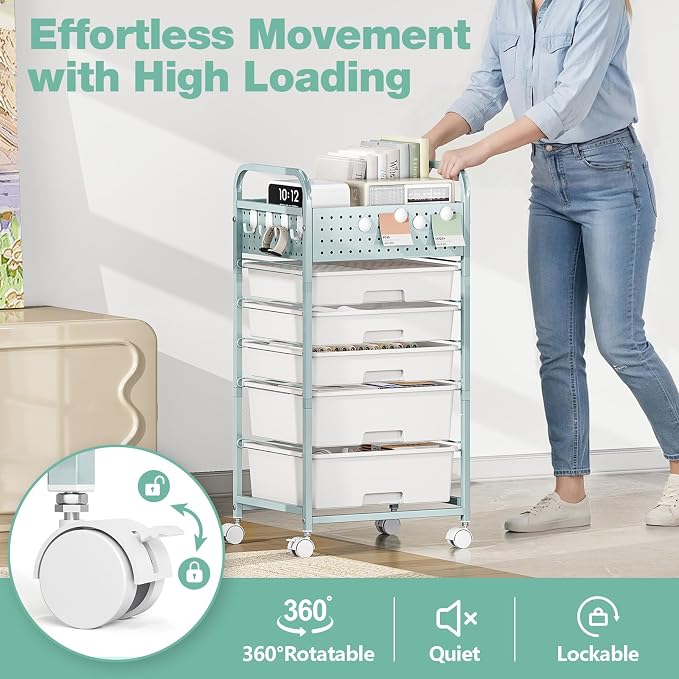 5 Drawer Rolling Storage Cart with Pegboard Top and Hooks, Green | Mobile Utility Organizer with Wheels for Office Supplies, Craft Storage, Classroom Organization, Home Storage Cart