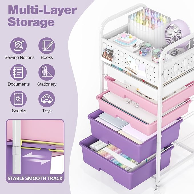 5 Drawer Rolling Storage Cart with Pegboard Top and Hooks, Dreamy Color | Mobile Organizer Cart with Wheels for Office Supplies, Craft Storage, Classroom Organization, Home Utility Cart