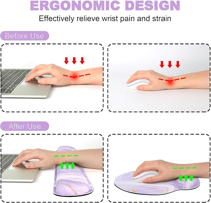 Ergonomic Mouse Pad with Wrist Rest and Keyboard Wrist Rest, Mousepad | Memory Foam Wrist Rest for Computer Keyboard, Pain Relief, Non-Slip Base, Mouse Pad Wrist Support for Gaming, Purple Marble
