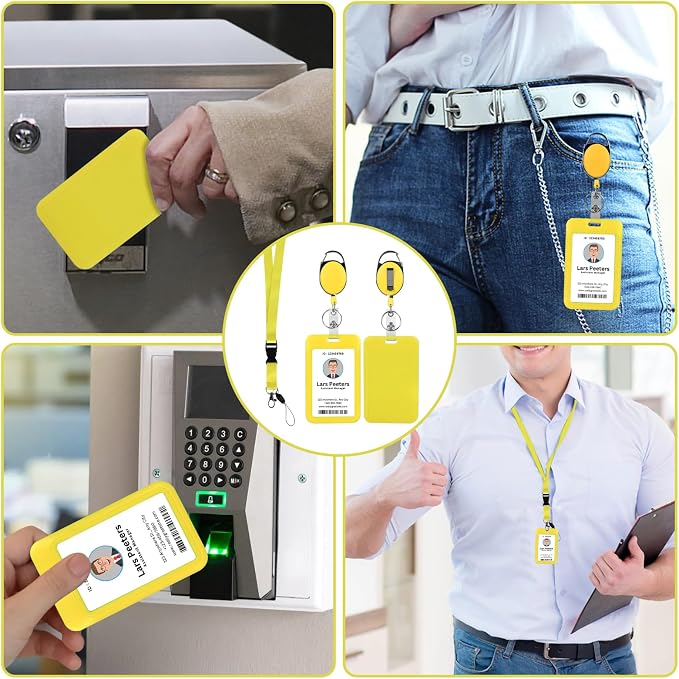 Yellow Lanyard with Vertical Id Holder, Retractable Heavy Duty Oval Carabiner Clip, ABS Casing Badge Holders,for Teacher Student Nurse Office