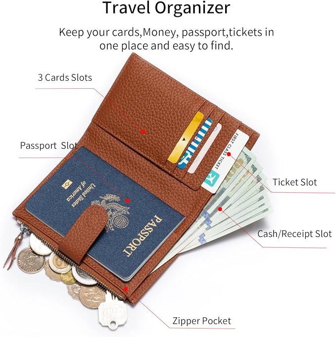 Passport wallet and Card Slot Combo RFID Blocking Leather Travel Passport Wallet for Men and Women with Zippered Coins Pocket Passport holder, CaramelBrown