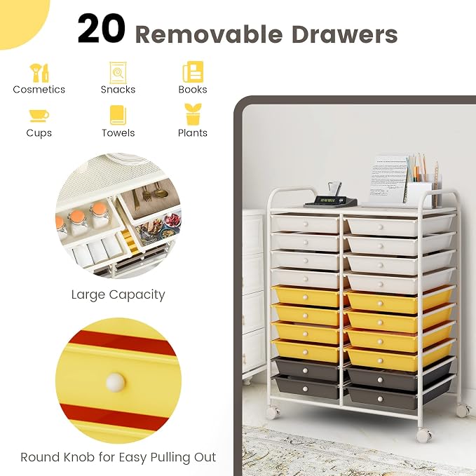 COSTWAY 20-Drawer Rolling Storage Cart, Utility Storage Organizer Cart | For Tools, Scrapbook, Paper, Craft, Multipurpose Storage Trolley on Wheels for Home Office School (Yellow, Beige & Grey)