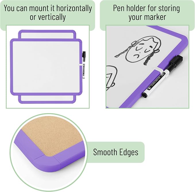 Mr. Pen- Dry Erase Board, 14” x 11” with a Black Dry Erase Marker | Purple Frame, Small Mini White Board for Students, Fridge, Wall, Locker, Includes Double Sided Tapes
