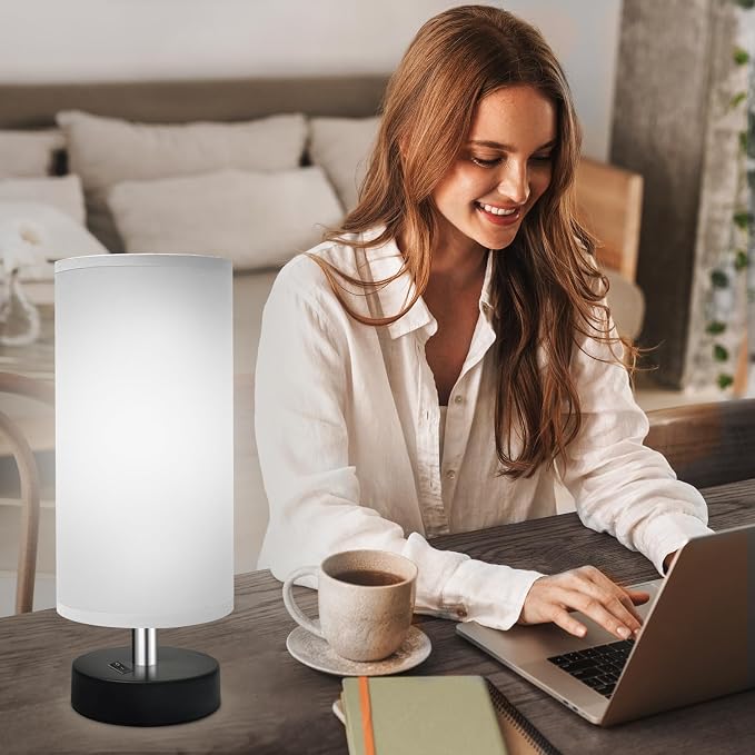 DEGNJU Bedside Table Lamp, Gray Fabric Shade, 11.8 Inch, 1 Pack | Mini Minimalist Design, Round Shade, For Bedroom Night Stands, Desk Reading Lamp, Dorm Room Living Room Office