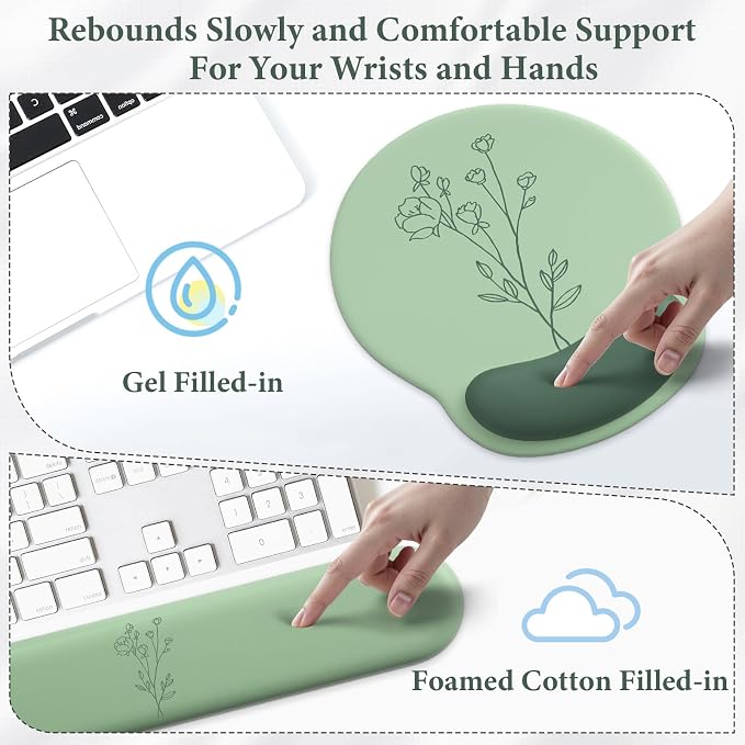 3 in 1 Ergonomic Mouse Pad and Keyboard Wrist Rest with Coaster Set-Green | Cute Large Mousepad with Gel Wrist Support for Gaming Computer Laptop Women Office Home Desk Decor