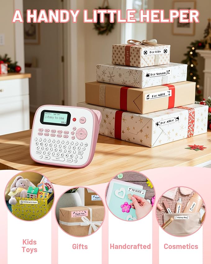 Pink Label Maker Machine with-Tape, Portable Kids Label Maker, QWERTY Keyboard Labeler Handheld, D210S Easy Labeler with Multiple Fonts Frame Barcode for Home Office School Supplies