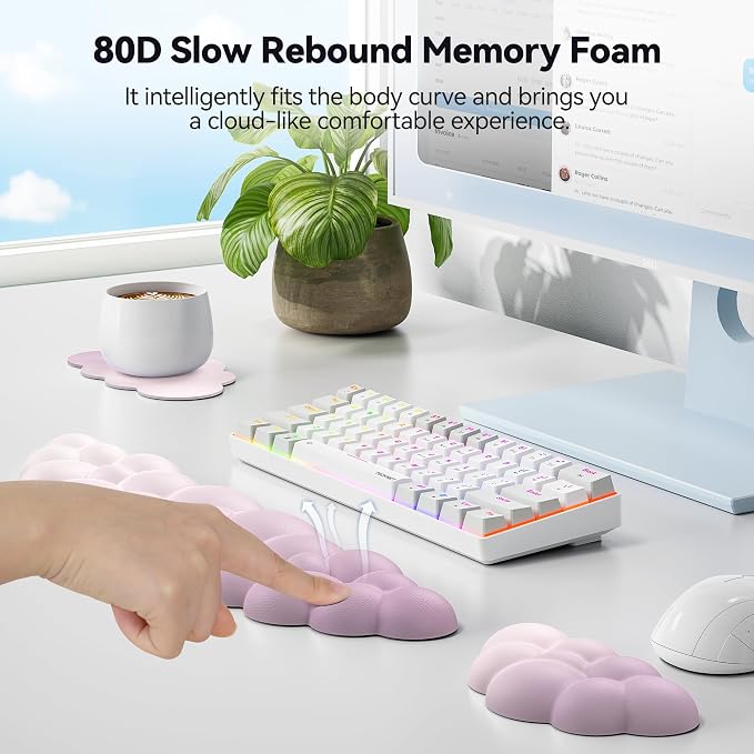 TECKNET Cloud Keyboard Wrist Rest Set, Cloud Wrist Rest with Non-Slip Base, PU Leather Wrist Pad for Keyboard with Ergonomic Memory Foam for Computer Laptop Office Gaming Pain Relief, Gradient Purple