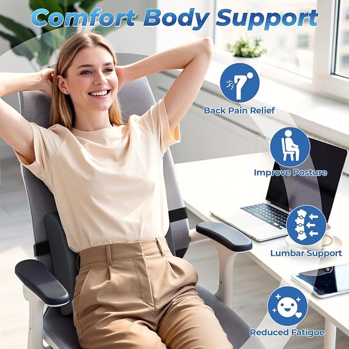 Lumbar Support Pillow, Ergonomic Back Cushion for Office Chair, Grey/Large | Memory Foam Back Pillow with Adjustable Strap for Long-Hour Sitting , Gaming Chair, Back Support for Pain Relief