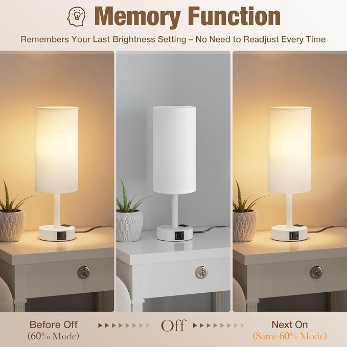 White Touch Bedside Lamp for Bedroom, Stepless Dimmable, USB A+C, AC Outlet | Base Touch Button Only, Memory Brightness, Ultra-dim Night Light, Included Bulb for Optimal Dimming, White Lamp Base, Nursery