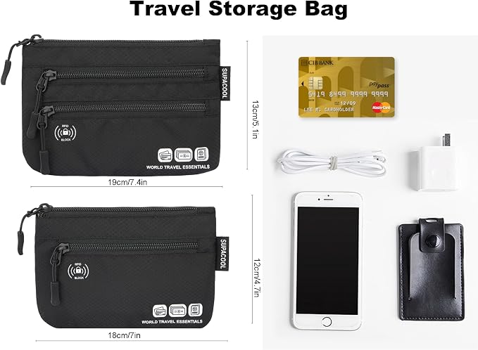 Passport Holder Bag, Travel Wallet for Men Women Family, Passport Pouch, Card Holder Organizer, RFID Blocking, Two-piece Set(Black)