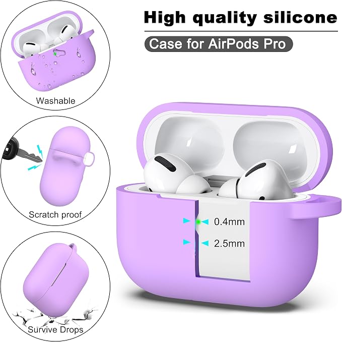 R-fun for AirPods Pro 2 Case, Soft Silicone Protective Cover with Keychain and Cleaning Pen, Compatible with AirPods Pro 2nd/1st Generation, Supports Wireless Charging, Lavender