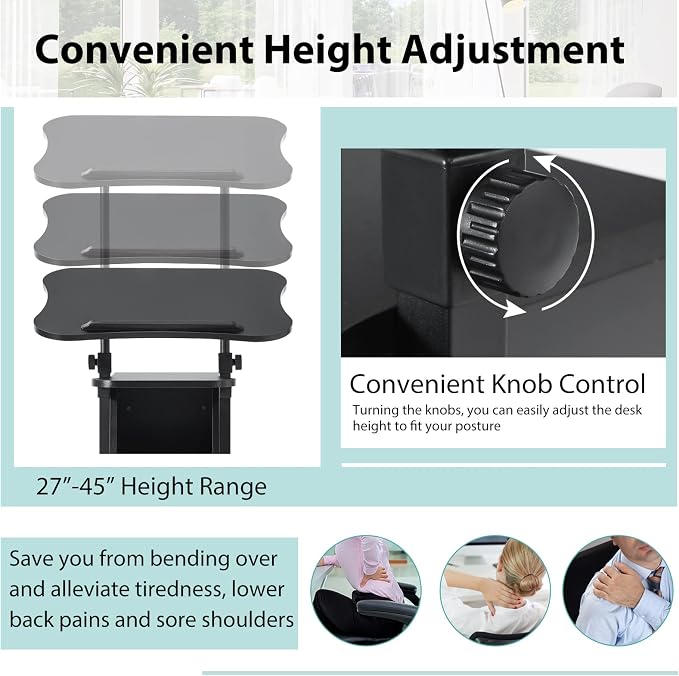 Tangkula Mobile Laptop Podium, Height Adjustable Sit to Stand Desk with Tilting Desktop & Storage Cabinet, Ergonomic Rolling Lectern Cart Laptop Desk, Office Podium Stand on Wheels