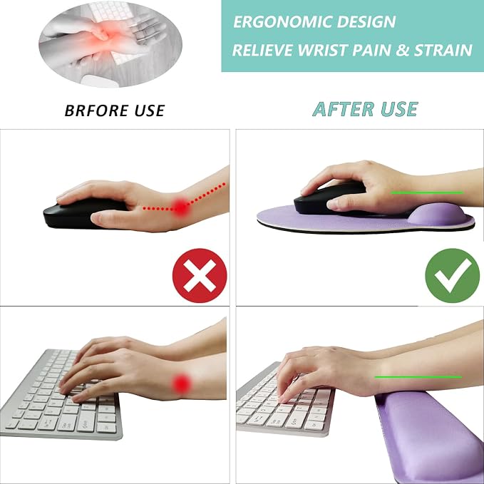 Keyboard Wrist Rest Pad Mouse Pad with Wrist Support Set of 3, Mousepad with Non-Slip Rubber Base, Ergonomic Memory Foam Mouse Wrist Cushion Support for Home Office Laptop Computer Gaming, Purple