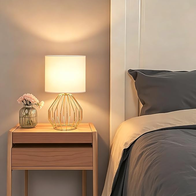 Brass Gold Table Lamp, Small Bedside Nightstand Lamp with White Fabric Shade, Metal Base Modern Geometric Desk Lamp for Bedrooms Living Room Office Kids Room