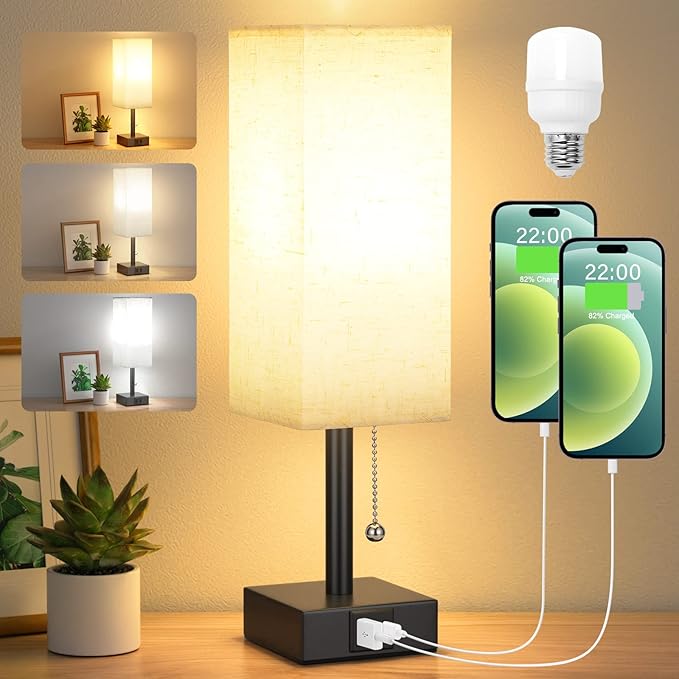 Small Bedside Table Lamp for Bedroom - Desk Lamp For Nightstand, USB C+A | Pull Chain Lamp, 3 Color Modes(3000K/4000K/5000K), E26 LED Bulb Included, Square Beige Fabric Lampshade, for Read, Work, Dorm
