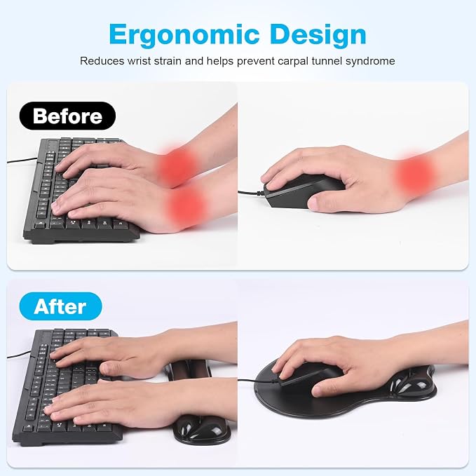 Gel Wrist Rest Mouse Pad Set, Ergonomic Support for Office Gaming | Ergonomic Keyboard and Mousepad with Wrist Support,Cooling Comfort, Non-Skid Base, Easy Clean, for Home and Work Desk Black