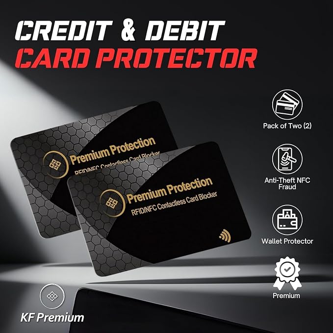 RFID Blocking Card (2 Pack) - 0.9mm Ultra Thin Debit & Credit Card Protector - One Card Shields Your Whole Wallet - Anti Fraud Contactless NFC Wallet Defender for Travel & Passport