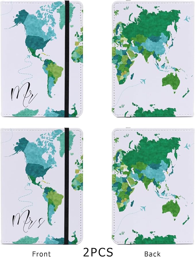 Passport Book Holder,Passport Wallet for Men Mr and Mrs Passport Holder Cover for Women World Map Case for Couples Christmas Traveling Book Protector 2PCS