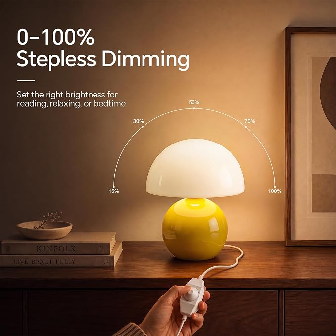Mushroom Lamp Table Lamp for Bedroom-Small Desk Table Lamps,Yellow | 8.7" Mid Century Modern Table Lamps for Living Room Bedroom Decor,Cute Ceramic Lamps for Mushroom Home Room Decor,Glass Shade