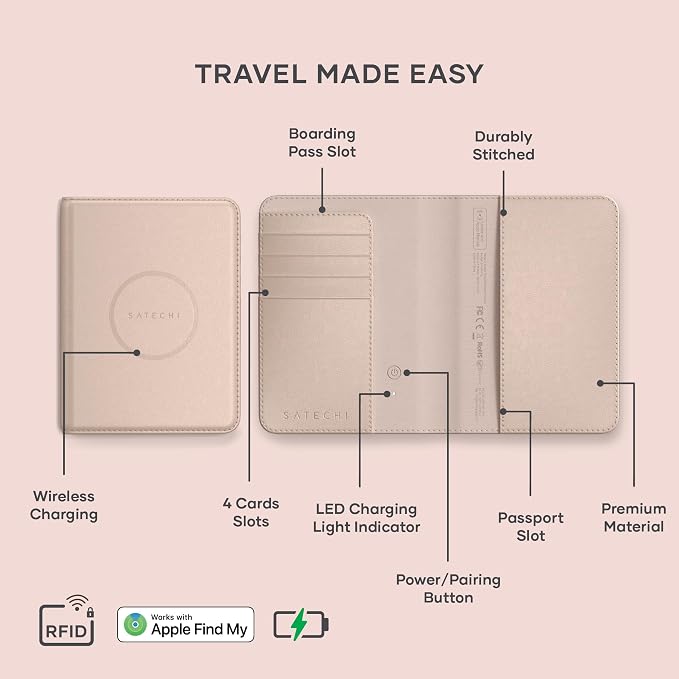 Satechi Passport Holder with Find My Tracking, Vegan Leather, Desert Rose | 4-slot card wallet, wireless charging, RFID protection, vegan leather