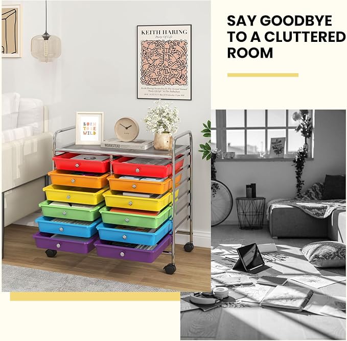 COSTWAY 12-Drawer Rolling Storage Cart, Utility Storage Organizer Cart | For Tools, Scrapbook, Paper, Craft, Multipurpose Art Supply Organizer on Wheels for Home Office School, Teacher, Multicolor