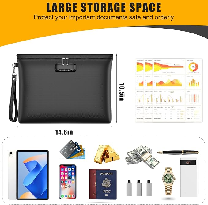 Fireproof Document Bag with Lock, ZOOPIP 14.6"x10.5" Fireproof and Waterproof Money Bag with Zipper Closure, Storage Pouch for A4 Letter Size Document, Cash, Cell Phone, Passport-Black