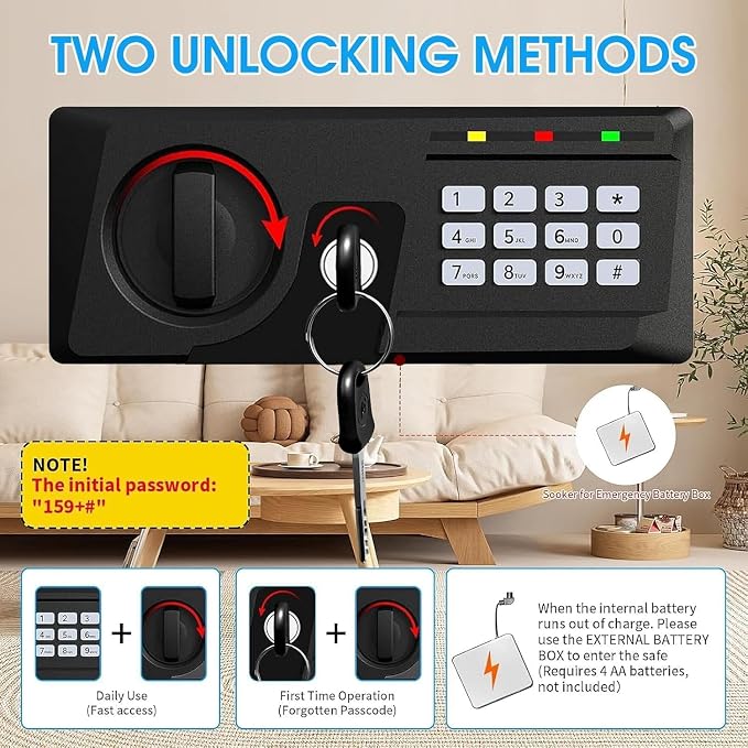 2.3 Cuft Fire proof Safes for HOME USE, Digital Security Safe Box with Programmable Keypad and Spare Keys, Safety Box for Home Office Business, Document Safe for Money Medicine Valuables