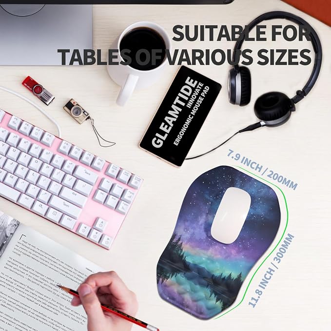 Ergonomic Raised Mouse Pad Wrist Support with Bilateral Slope Memory Foam Mousepad for Wrist Rest and Carpal Tunnel Pain Relief 11.8x7.9〃 Aurora Starry Night