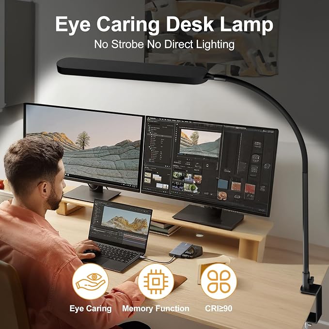 Led Desk Lamp - Desk Light for 33.5" Tall - Flexible Gooseneck - 5 Color Modes X 11 Brightness Levels - 1300LM - Timmer & Memory Function - 12W Clip on Light - Black