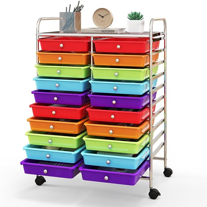 RELAX4LIFE 20 Drawer Rolling Storage Cart, Mobile Rolling Cart w/Drawers for School Classroom Teacher Office Home Salon, Paper File Art Supply Craft Organizer, Utility Cart on Wheels (Multicolor)