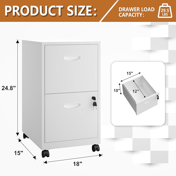 Polup 2 Drawer Rolling File Cabinet with Lock for Home Office | Metal Mobile Filing Cabinet on Wheels, Small Under Desk Storage, Fits Hanging Letter Size, Printer Stand, White