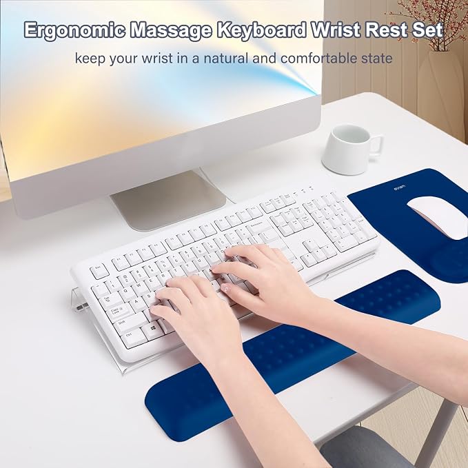MOSISO Keyboard Stand&Wrist Rest Support for Keyboard &Mouse Pad Set | Ergonomic Massage Wrist Rest Set, Easy Typing Working Acrylic Clear Stand for Office Home, Navy Blue