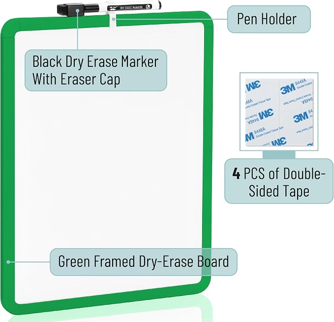 Mr. Pen- Dry Erase Board, 14” x 11” with a Black Dry Erase Marker | Green Frame, Small Mini White Board for Students, Fridge, Wall, Locker, Includes Double Sided Tapes