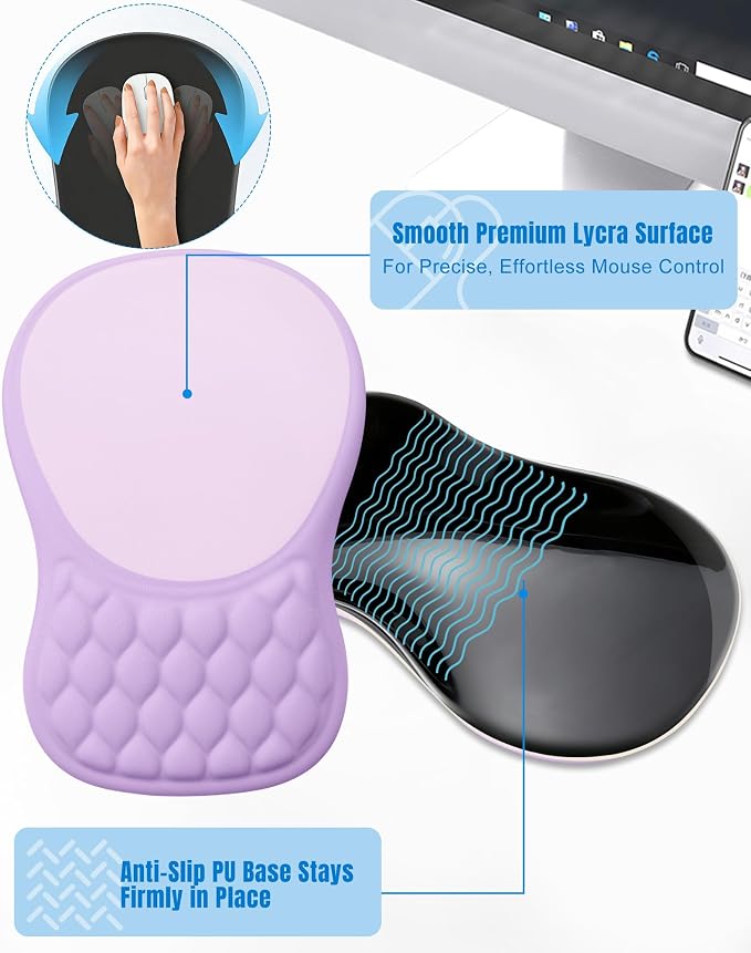 Ergonomic Mouse Pad with Sloped Memory Foam Wrist Rest, Purple&Grey | 3D Textured Wrist Cushion, Smooth Lycra Surface, Non-Slip PU Base, Comfortable Support for Office/Home Computer Desks