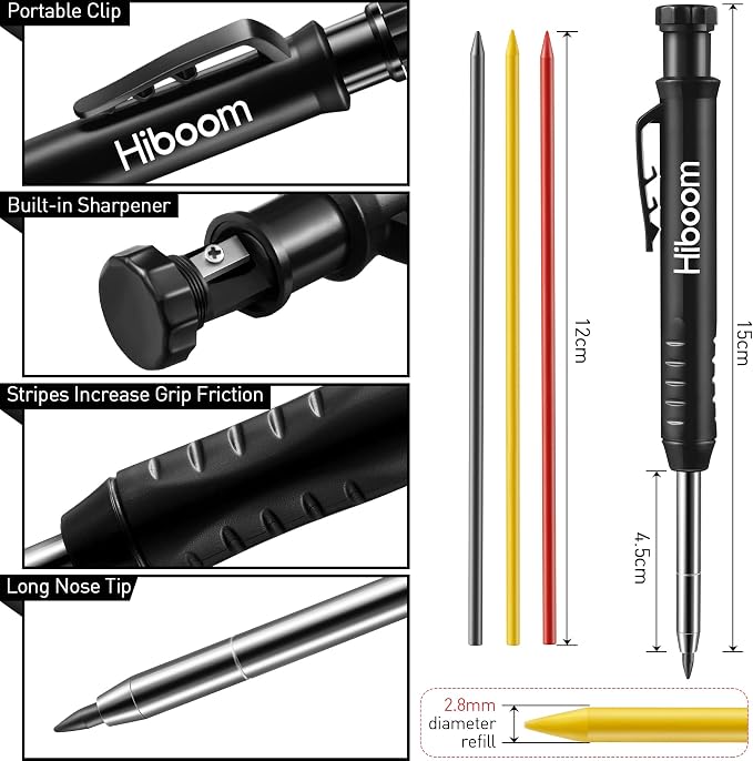 Hiboom 5 Pcs Mechanical Carpenter Pencil, 30 Pcs Refills Needle Nose Tip Hole Marker with Built in Sharpener, Scribe Making Tools for Woodworking, Design Patent(Orange, Red, Green, Blue, Black)