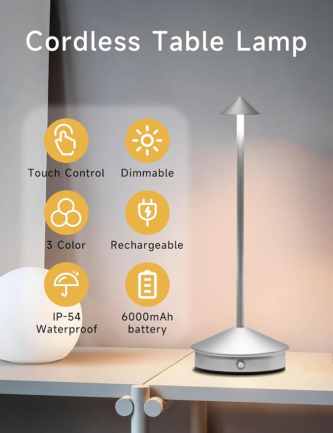 LED Rechargeable Cordless Table Lamps Silver | 2 Pcs Portable Modern USB Battery Operated Lights,Waterproof Touch Dimmable Desk Lamp,for Patio,Restaurant,Bar,Dining Home