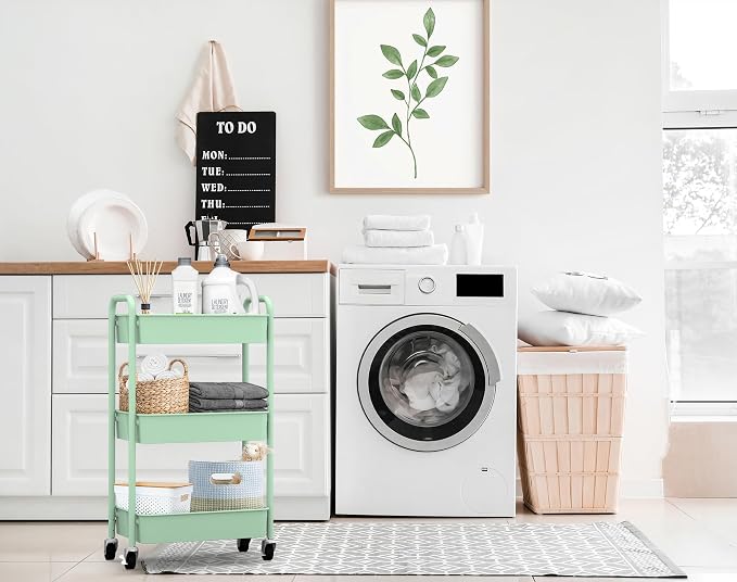 3-Tier Rolling Metal Storage Organizer - Mobile Utility Cart, Kitchen Cart with Caster Wheels (Aqua Green)