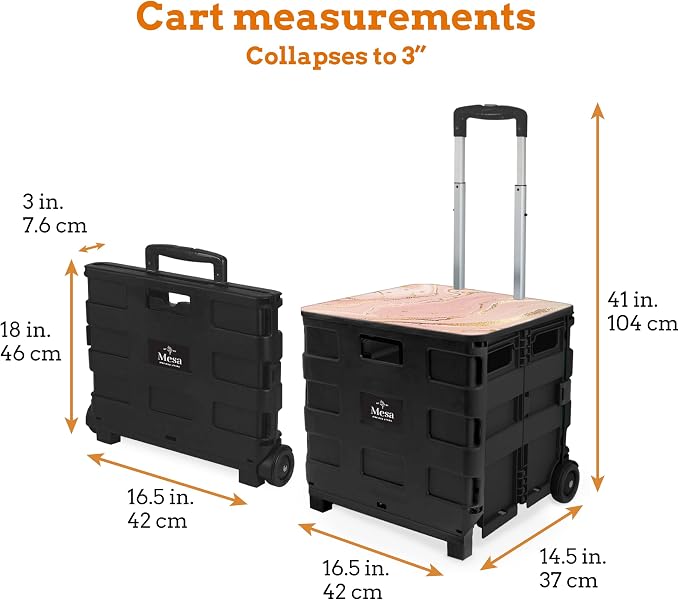 Collapsible Ultra-Slim Pack-N-Roll,2 Wheel Utility Cart w/Lid Used as Seat up to 250 Lbs, Telescopic Handle, Super Strong, for Home,Garden,Shopping,Office,School, Large, Pink Marble