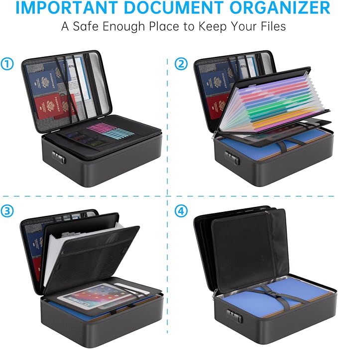 ENGPOW Fireproof Document Organizer Bag with Lock ＆ Accordion File Folder | 5200℉ Multi-Layer File Organizer Box with Lock ,Heat Insulated, Water Resistant, Safe Storage for Home Office Travel, Black