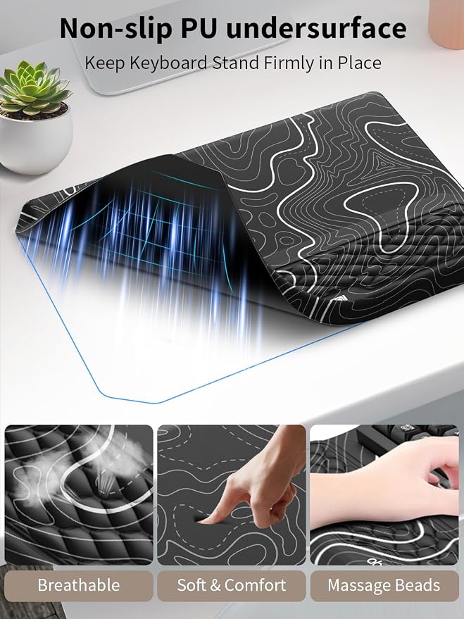 3-in-1 Ergonomic Keyboard Stand with Wrist Rest & Mouse Pad Set,Topographic | Comfy Keyboard Riser Holder Soft Mousepad with Massage Design, Memory Foam and Non-Slip PU Base for Pain Relief