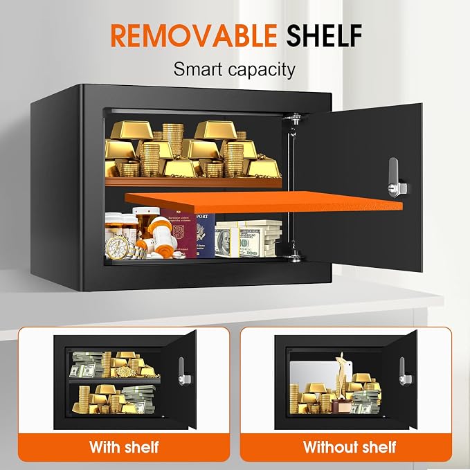 1.3 Cubic Feet Fireproof Safe Box with Key Lock, Hidden Steel Security Box with Removable Shelf for Cash, Jewelry, Passports and Medications, Personal Safes for Home/Office, 9.84"D x 13.78"W x 9.84"H