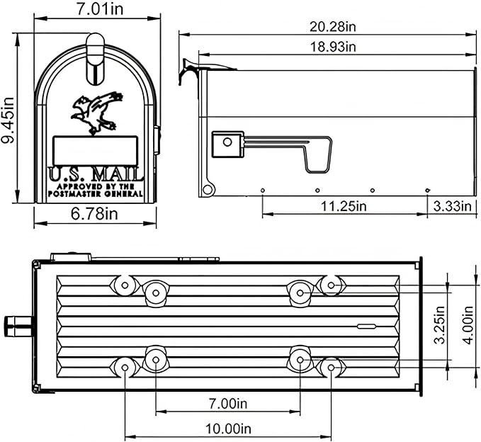 Plexon Mailboxes Classic Post Mount Mailbox - 20.28" L x 9.45" H x 6.78" W, Galvanized Steel, Gray, Rust-Resistant Powder Coated Finish