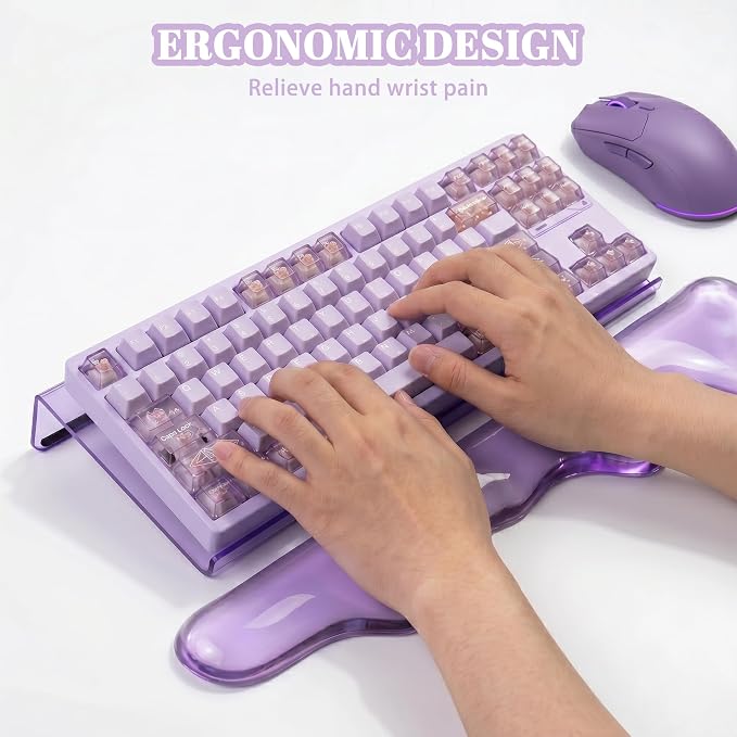 Acrylic Computer Keyboard Stand with Gel Mountain Wrist Rest Keyboard Riser with Comfortable Clear Silicone Mouse Wrist Pad Ergonomic Tilted Transparent Keyboard Holder for Desktop Office Purple